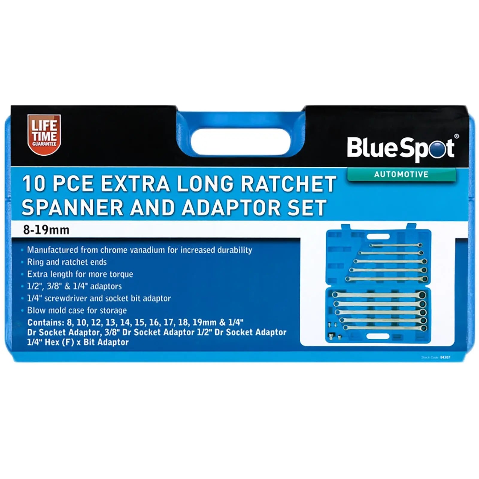 BlueSpot Ratchet Ring Spanner and Adaptor Set Extra Long 8-19mm 10 Piece 