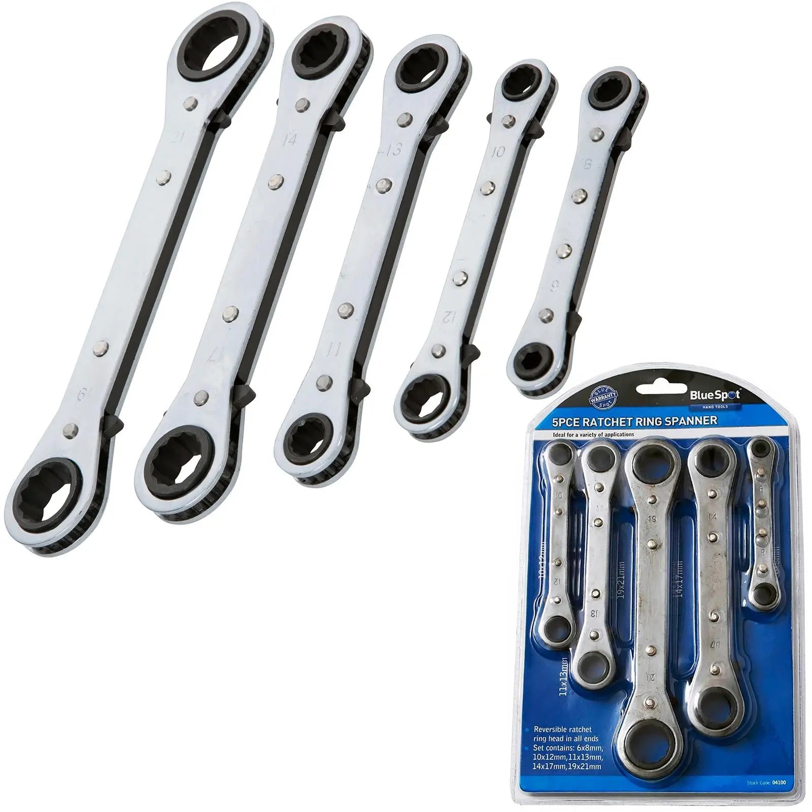 BlueSpot Ratchet Ring Spanners Reversible Double Ended Wrench 6-21mm 5pc 