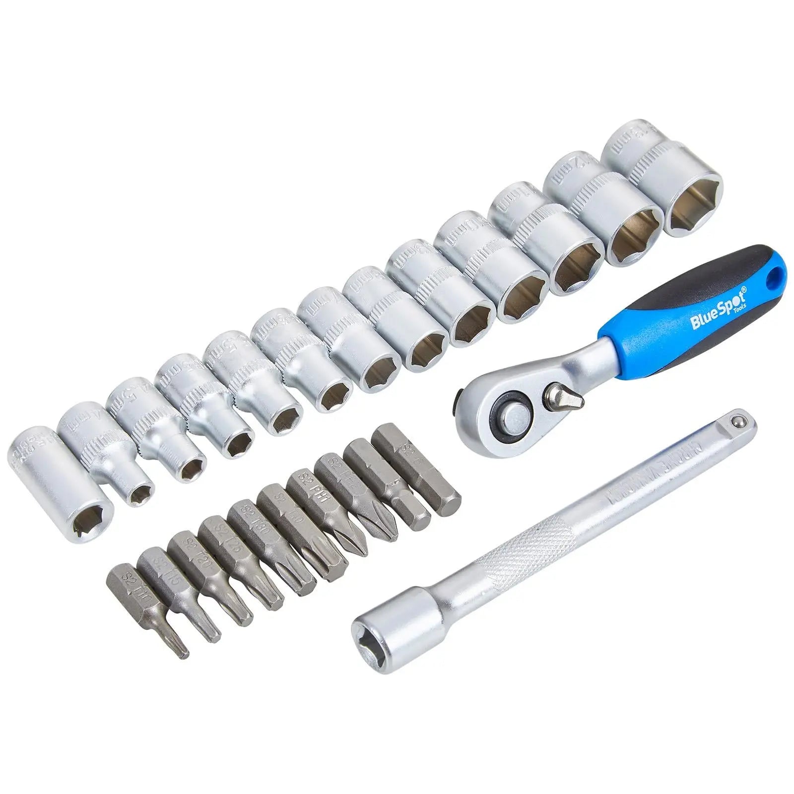 BlueSpot Ratchet Socket and Bit Set 25pc 1/4" Drive 4-13mm 1/4" Hex T10-T40 Torx  White Rose Tools