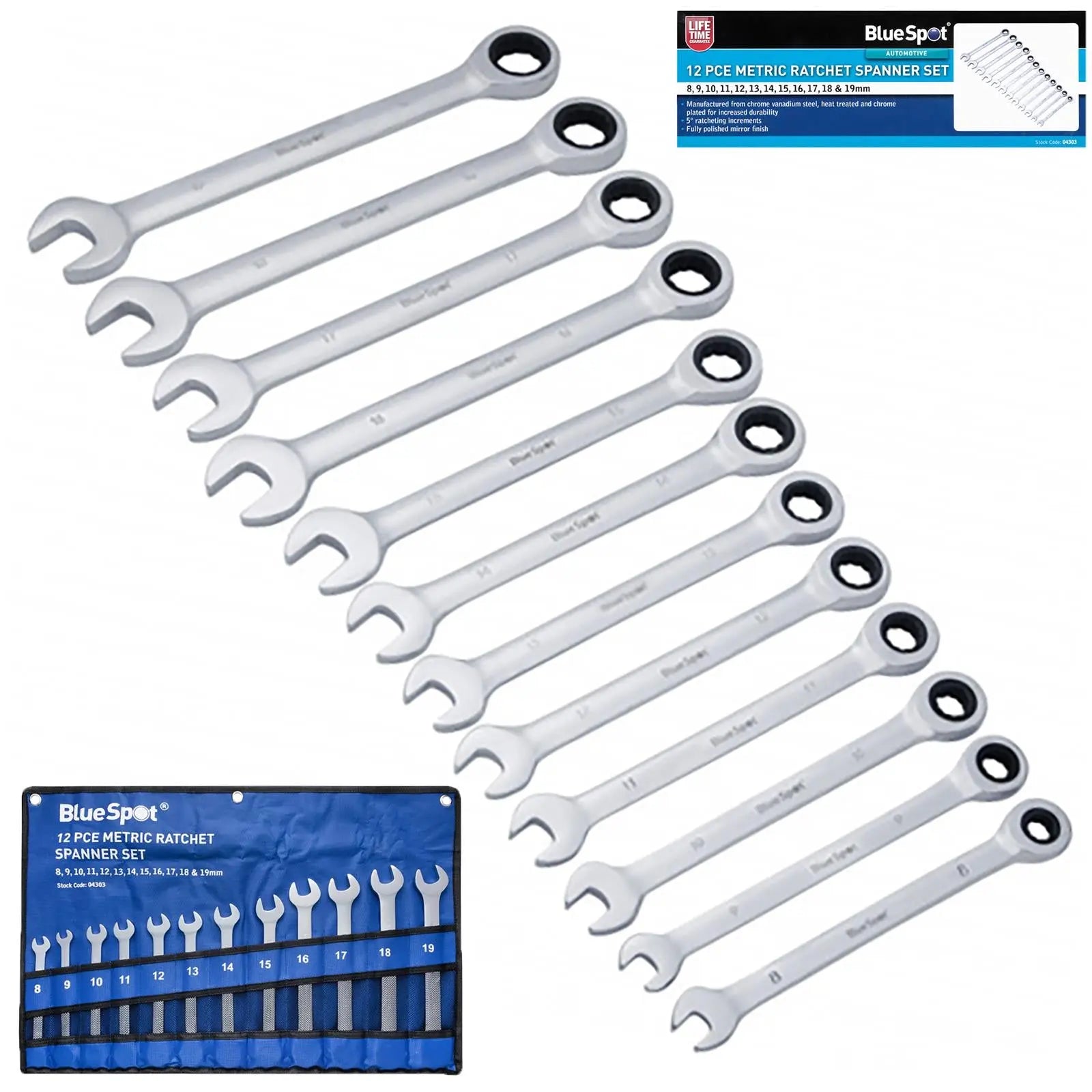 BlueSpot Ratchet Spanner Set 12 Pieces Metric 8-19mm in Tool Roll 