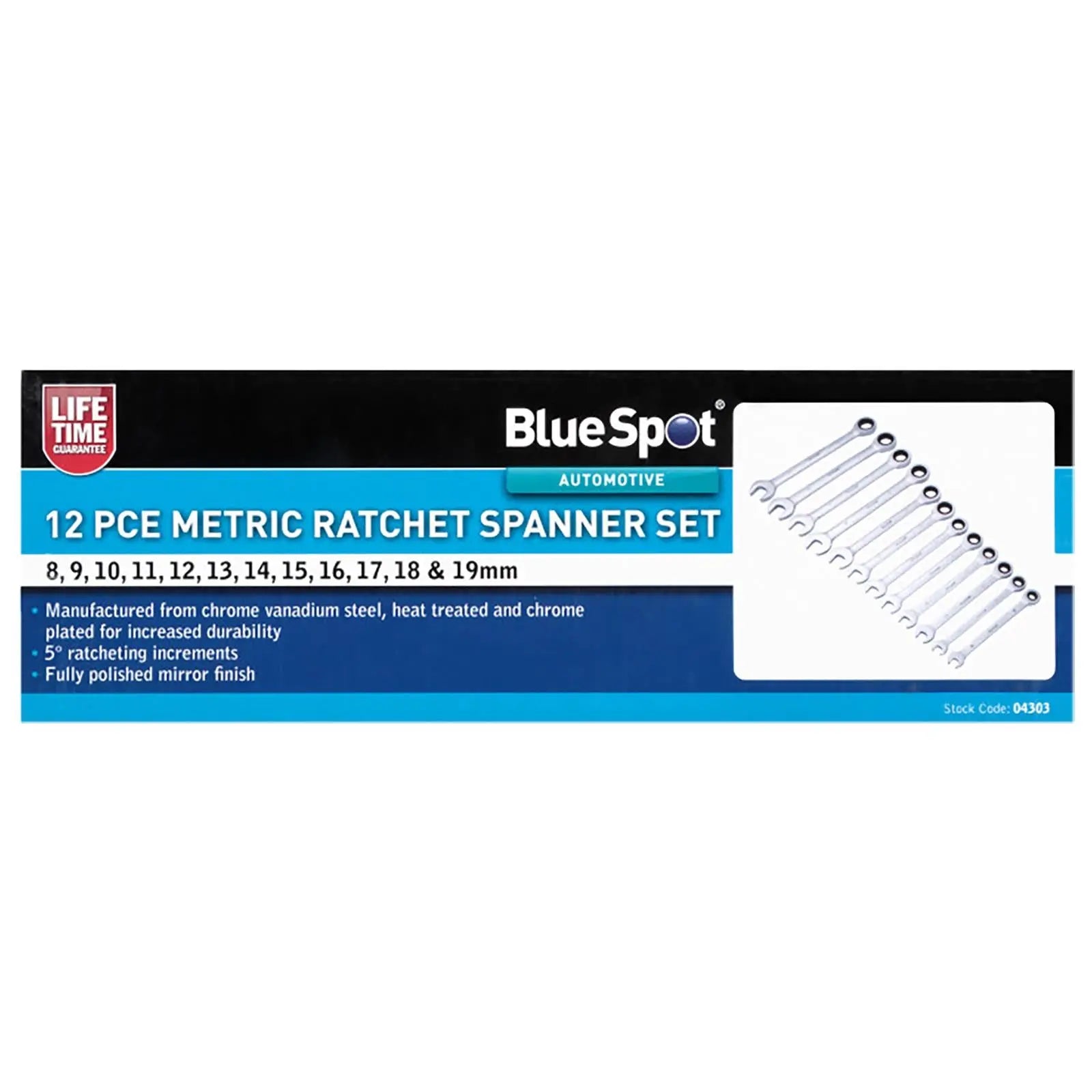 BlueSpot Ratchet Spanner Set 12 Pieces Metric 8-19mm in Tool Roll 
