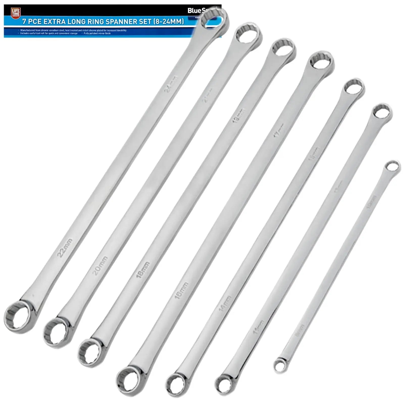 BlueSpot Ring Spanner Set Extra Long 7 Piece 8-24mm Tool Roll 230-430mm 