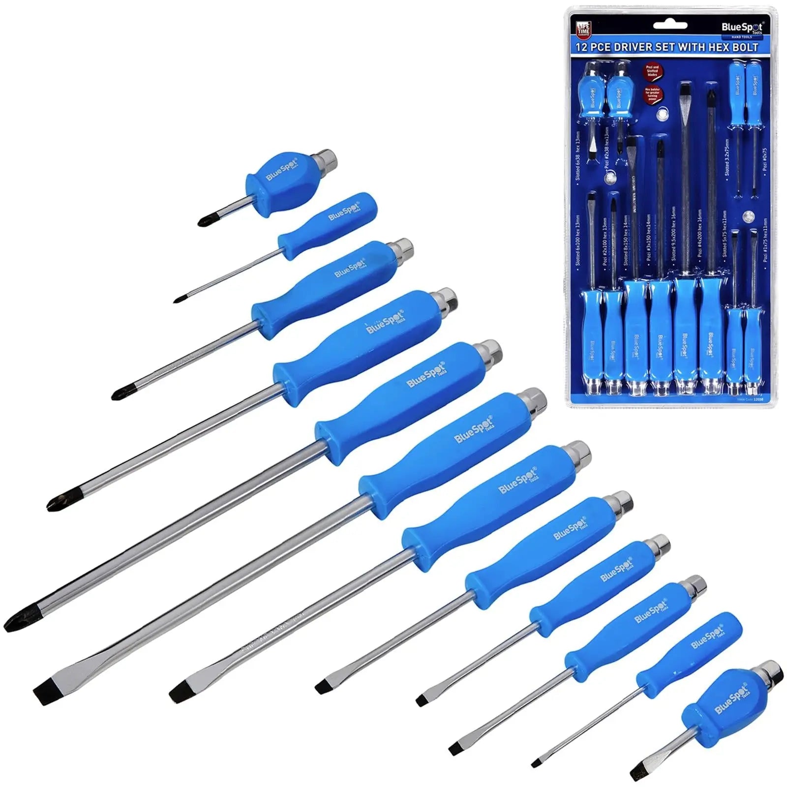 BlueSpot Screwdriver Set with Hex Bolster 12 Piece Magnetic Tips 
