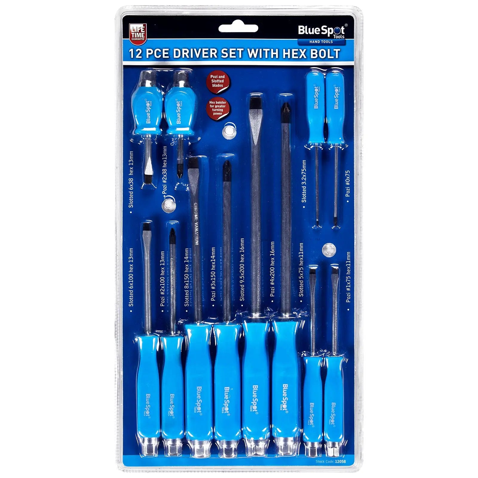 BlueSpot Screwdriver Set with Hex Bolster 12 Piece Magnetic Tips 
