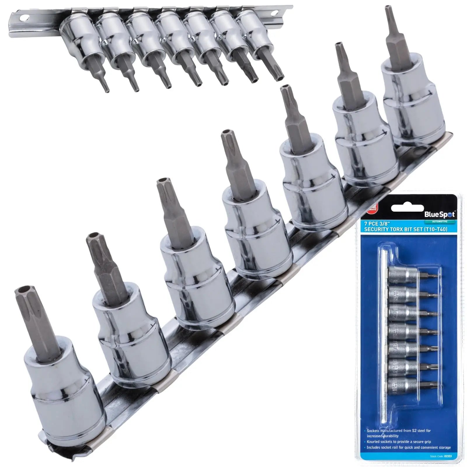 BlueSpot Security Torx Bit Set 3/8" Drive 7 Piece T10-T40 on Socket Rail 