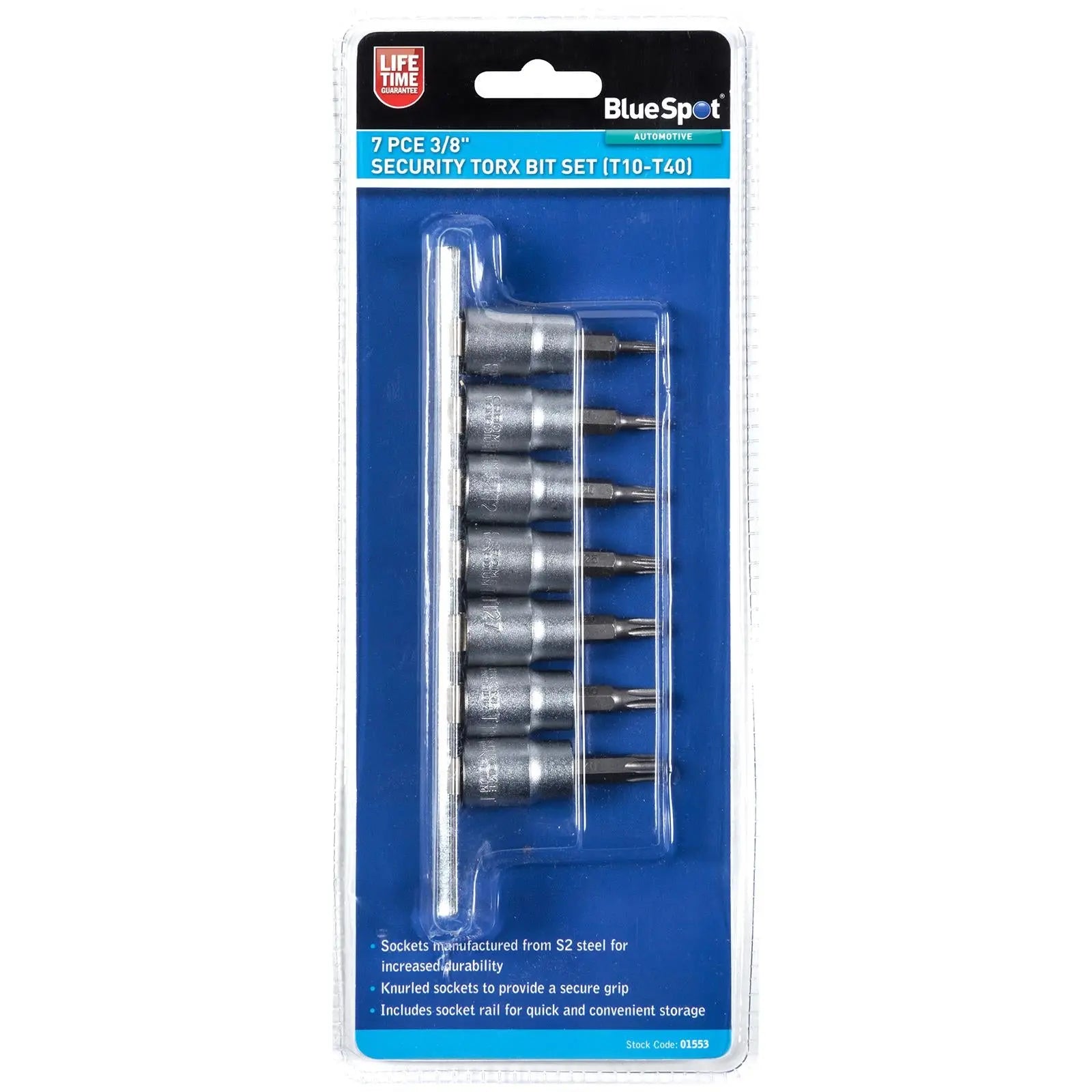 BlueSpot Security Torx Bit Set 3/8" Drive 7 Piece T10-T40 on Socket Rail 