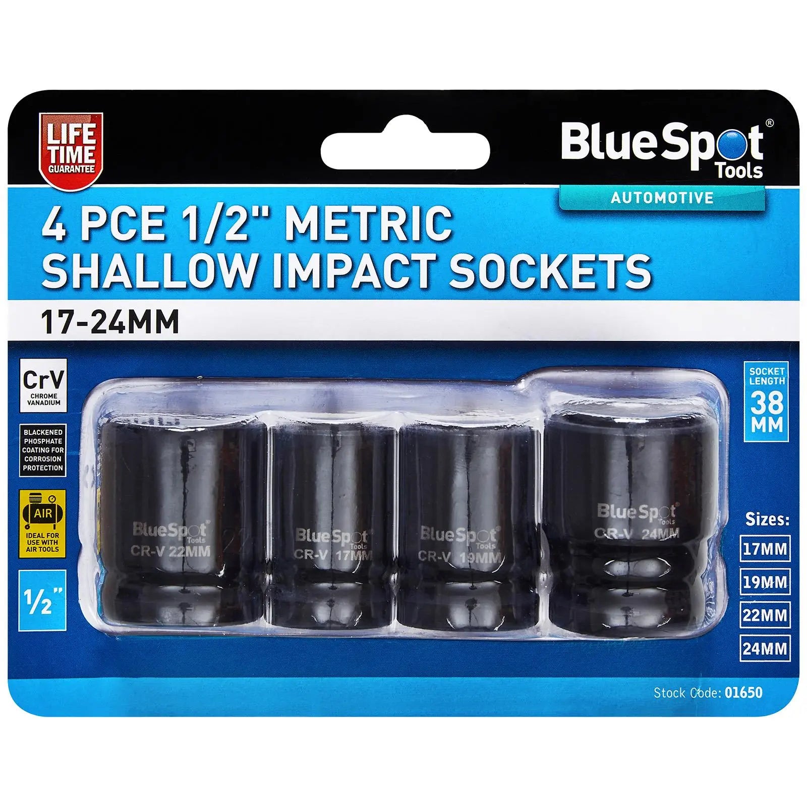 BlueSpot Shallow Impact Socket Set 1/2" Drive Metric 17-24mm 4 Piece  White Rose Tools