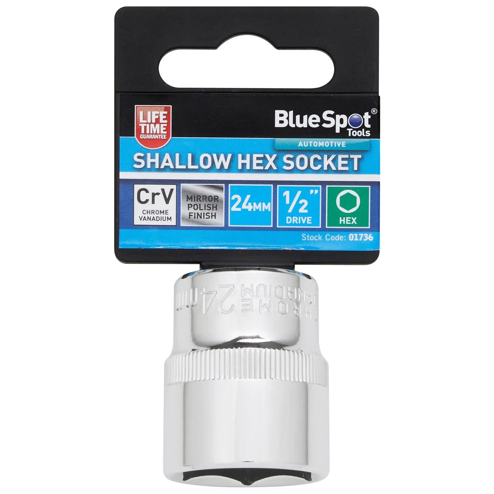 BlueSpot Shallow Socket 1/2" Drive 6 Point Hex Chrome Individual 8-32mm - Choose Size  White Rose Tools