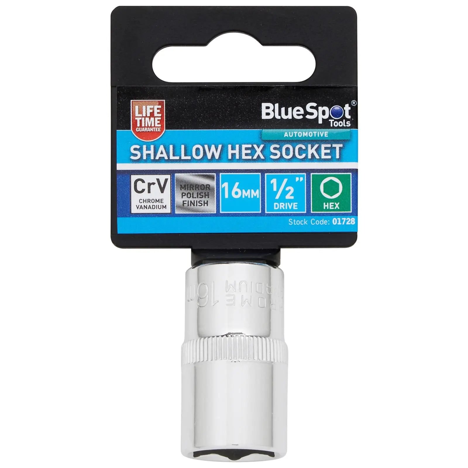 BlueSpot Shallow Socket 1/2" Drive 6 Point Hex Chrome Individual 8-32mm - Choose Size  White Rose Tools
