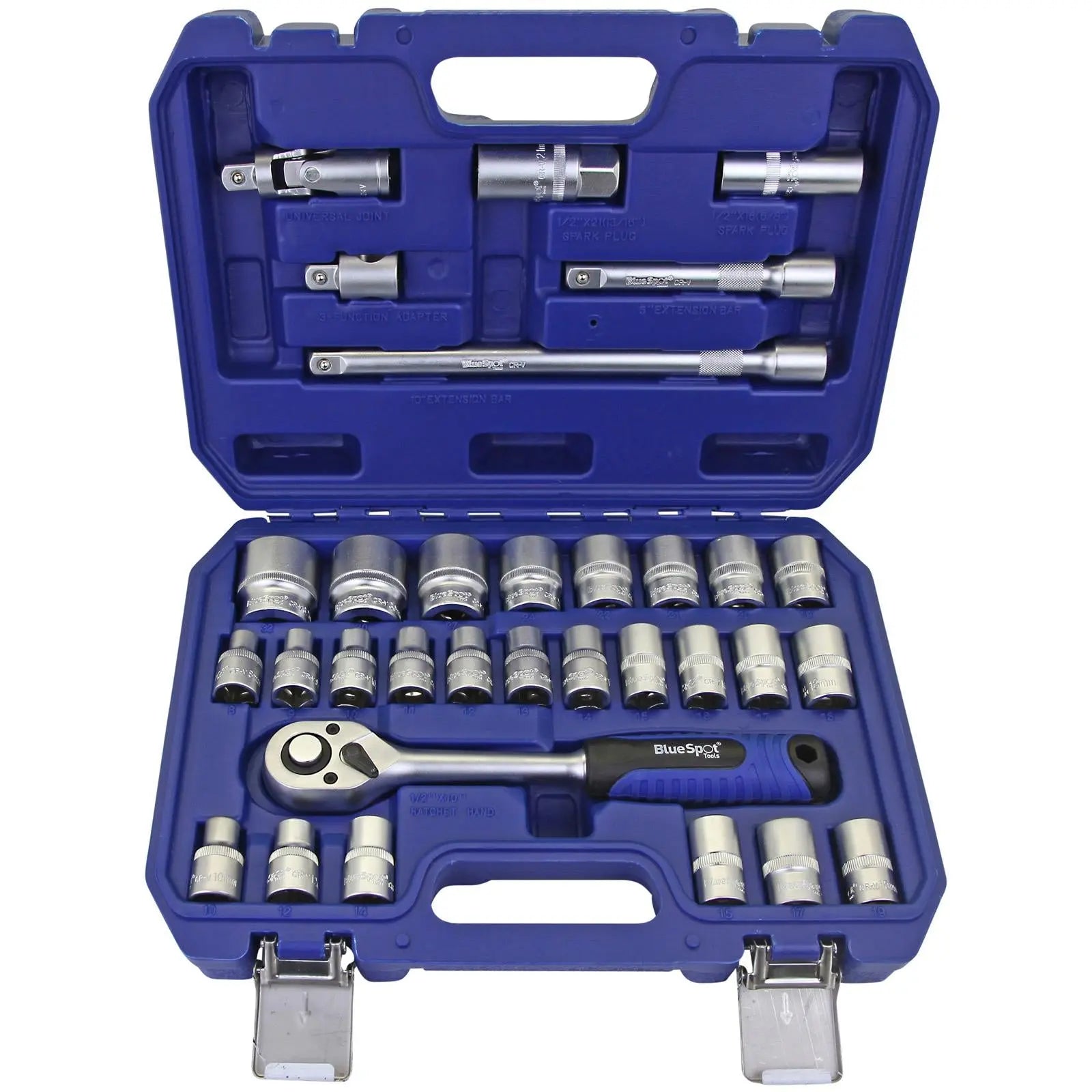 BlueSpot Socket Set Metric 1/2" Drive 8-32mm 32 Pieces with Accessories in Case  White Rose Tools