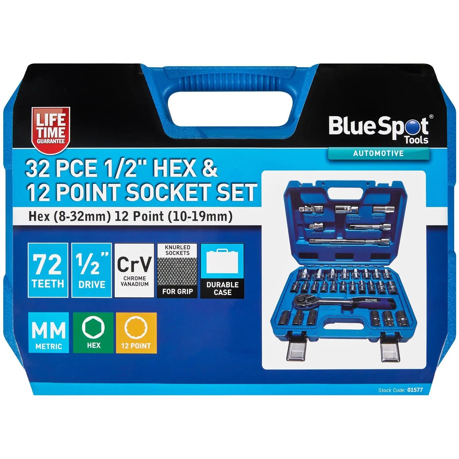 BlueSpot Socket Set Metric 1/2" Drive 8-32mm 32 Pieces with Accessories in Case  White Rose Tools