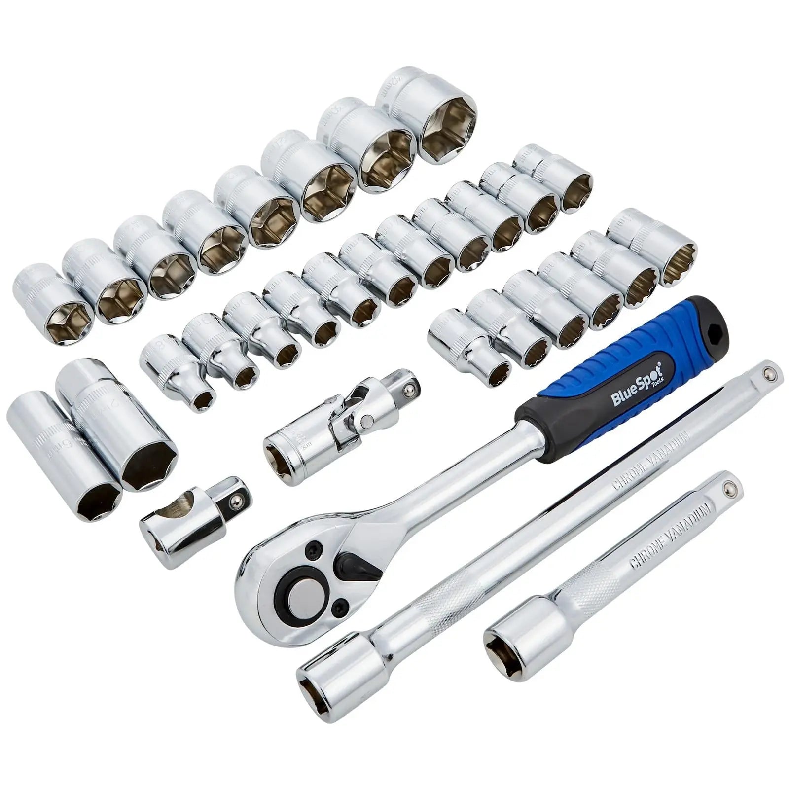 BlueSpot Socket Set Metric 1/2" Drive 8-32mm 32 Pieces with Accessories in Case  White Rose Tools