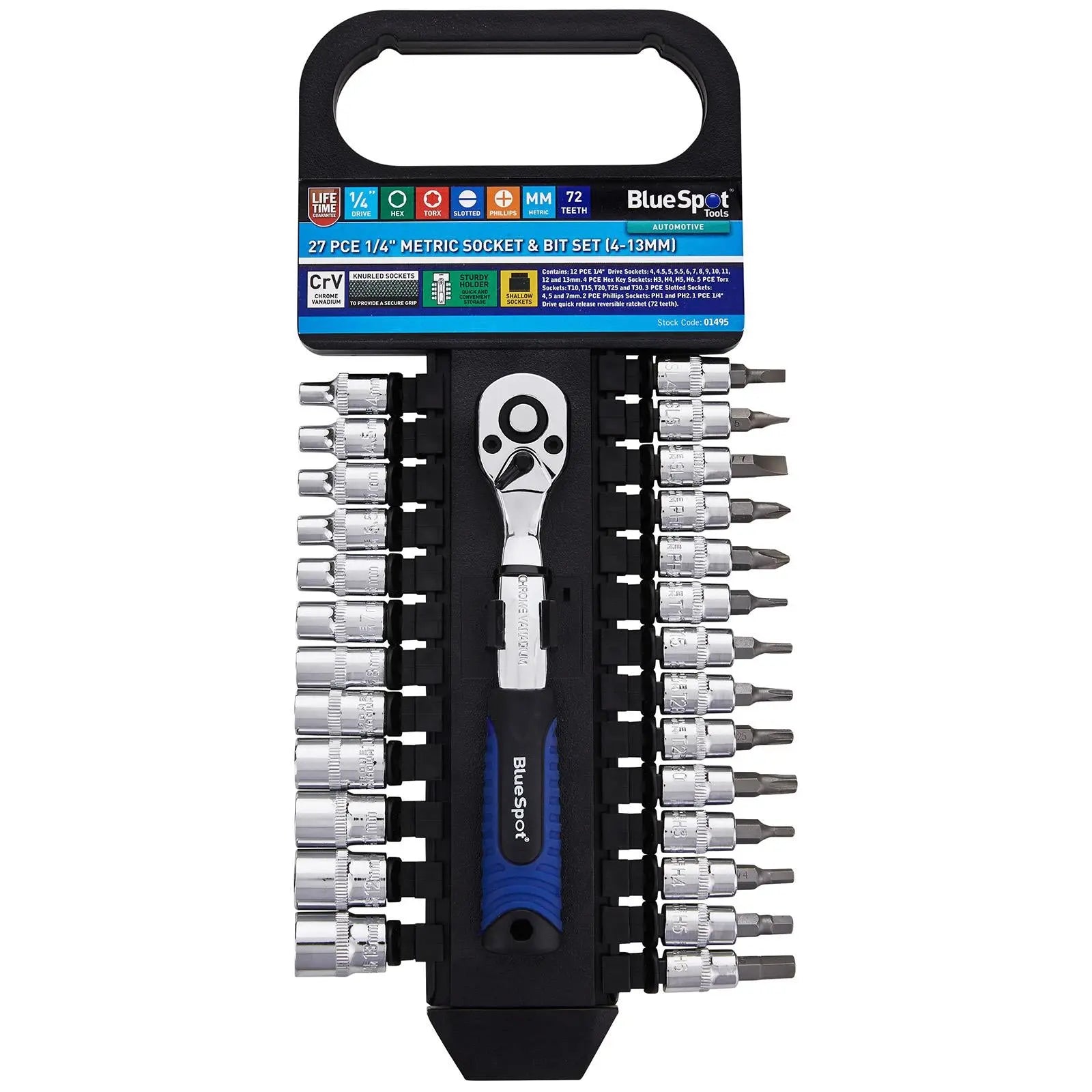 BlueSpot Socket Set and Bit Set with Ratchet Handle 1/4" Drive 4-13mm 27 Piece  White Rose Tools