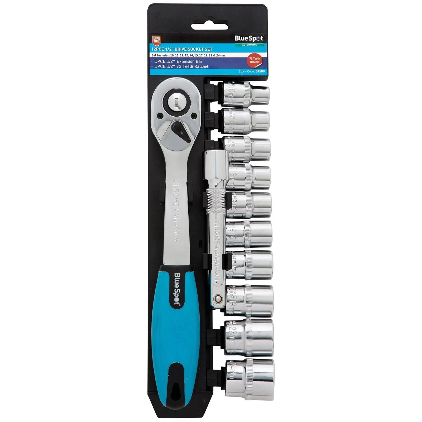 BlueSpot Socket Set with Ratchet Handle 1/2" Drive 10-24mm 12 Piece  White Rose Tools