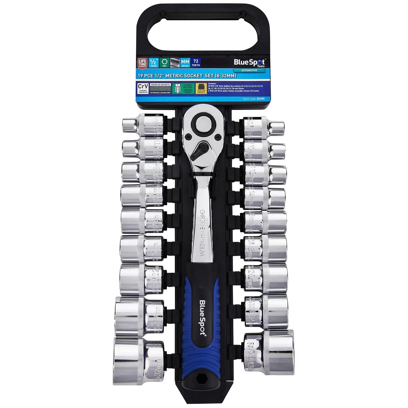BlueSpot Socket Set with Ratchet Handle 1/2" Drive 8-32mm 19 Piece  White Rose Tools