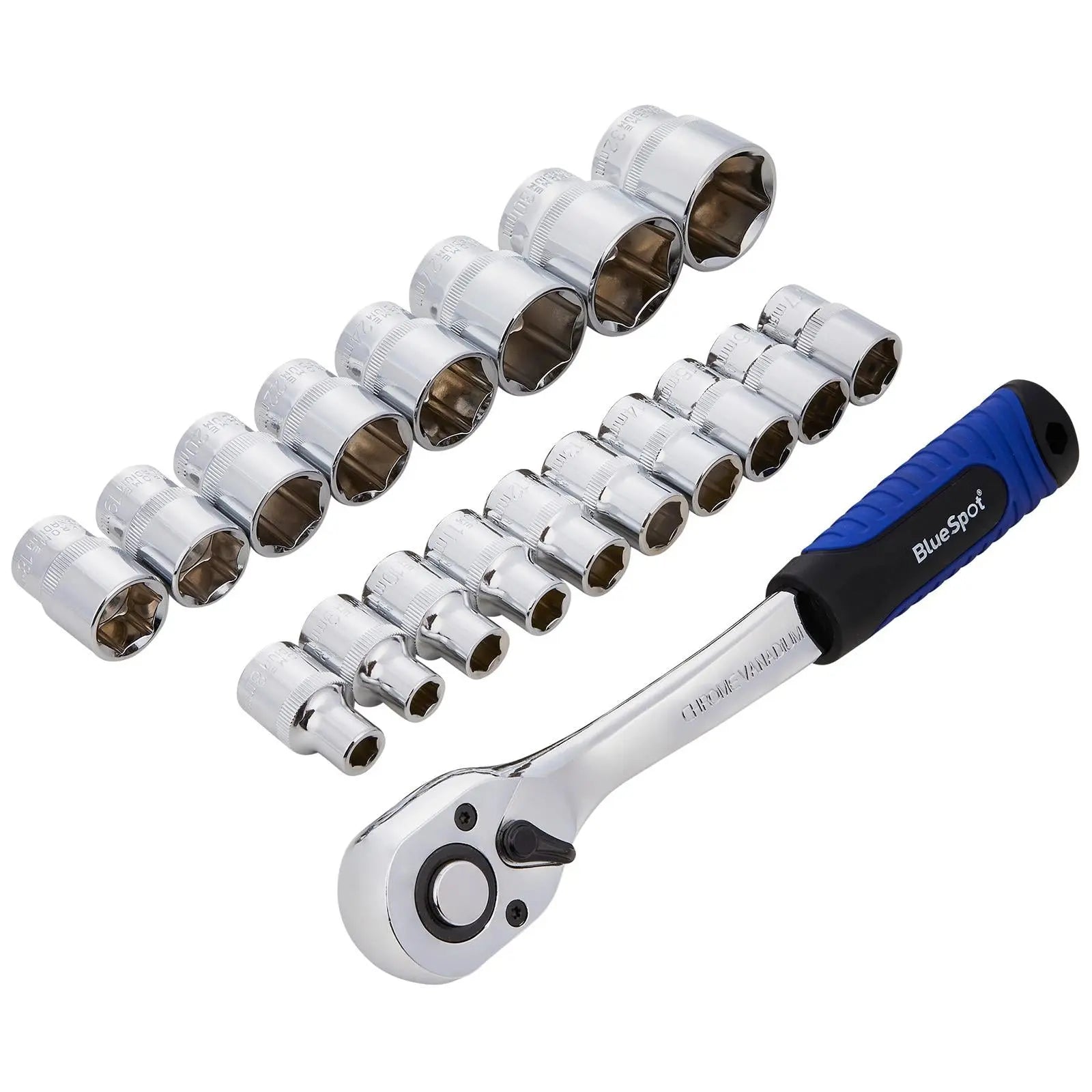 BlueSpot Socket Set with Ratchet Handle 1/2" Drive 8-32mm 19 Piece  White Rose Tools