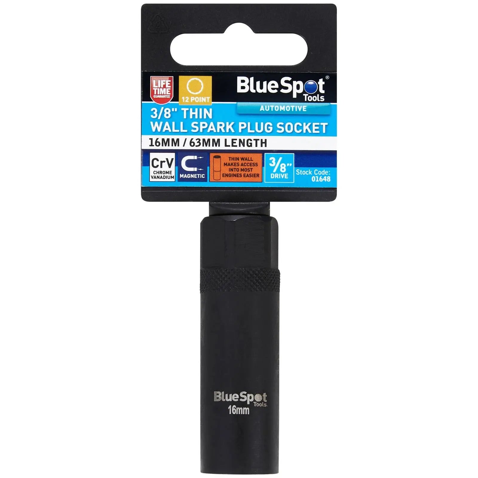 BlueSpot Spark Plug Socket 16mm Thin Wall 3/8" Drive 12 Point  White Rose Tools