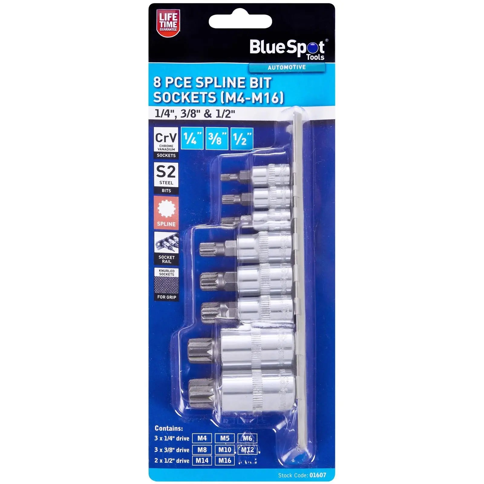 BlueSpot Spline Bit Socket Set on Socket Rail 1/4" 3/8" 1/2" Drive M4-M16 8 Piece  White Rose Tools