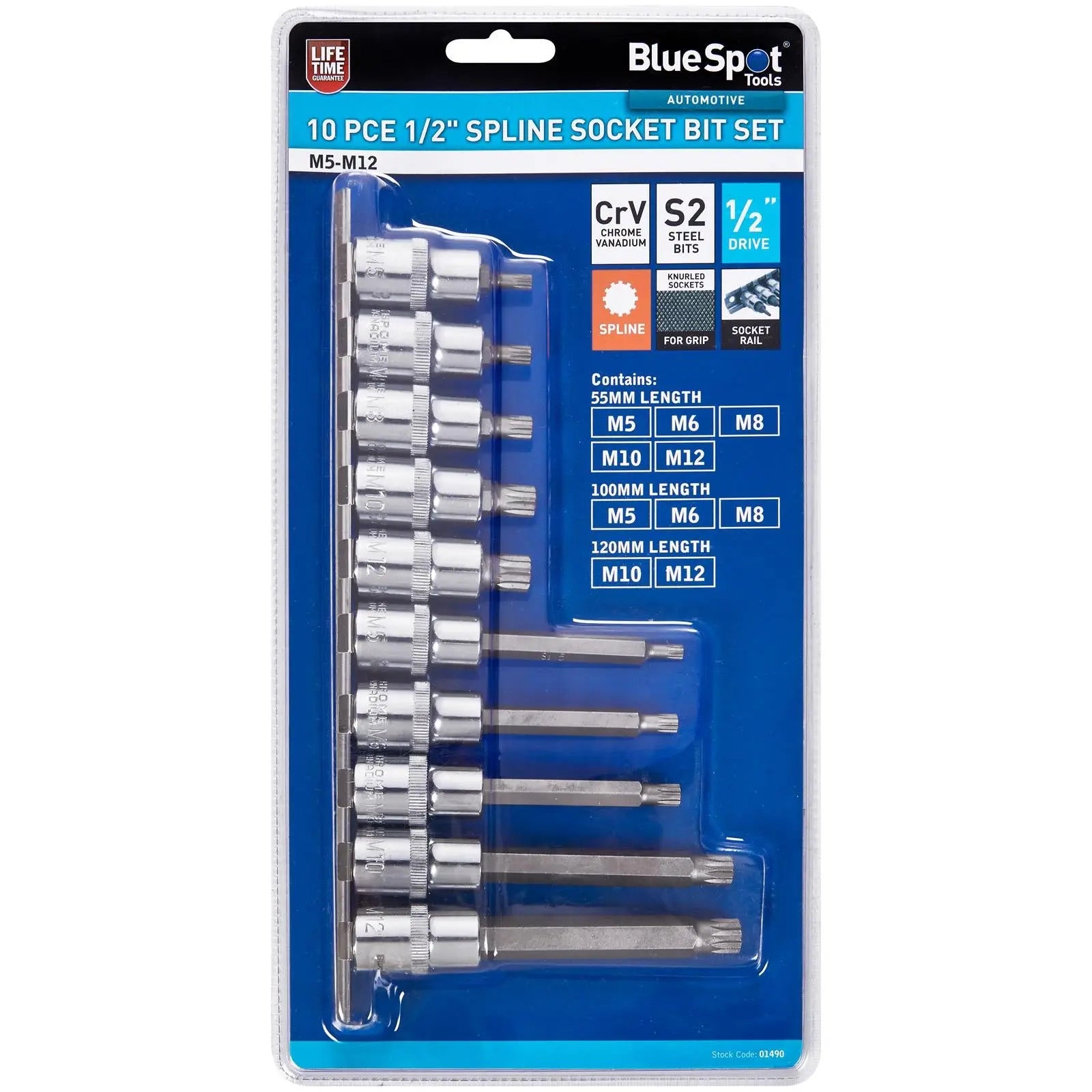 BlueSpot Spline Socket Bit Set 1/2" Drive M5-M12 10 Piece  White Rose Tools