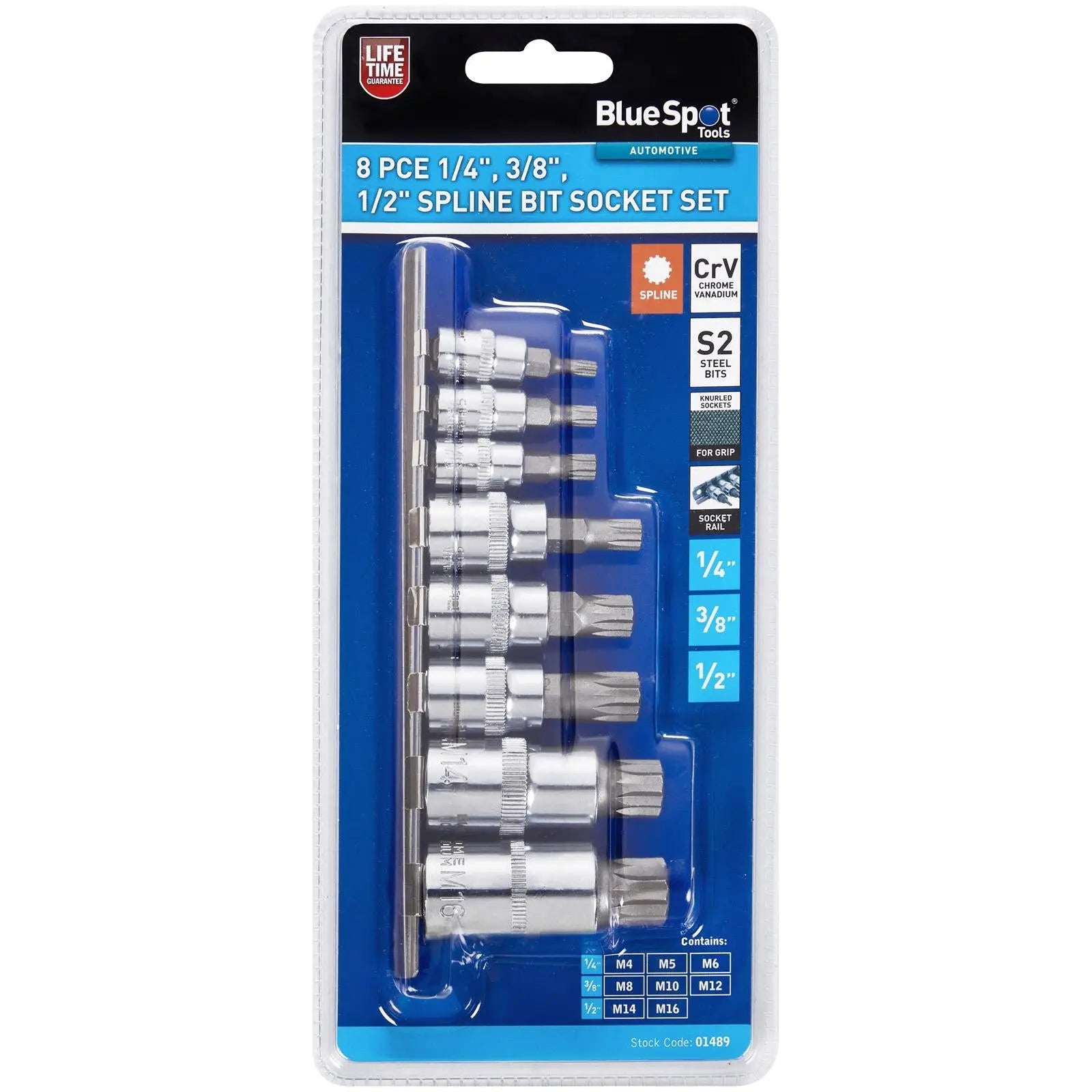 BlueSpot Spline Socket Bit Set 1/4" 3/8" 1/2" Drive on Socket Rail M4-M16 8 Piece  White Rose Tools