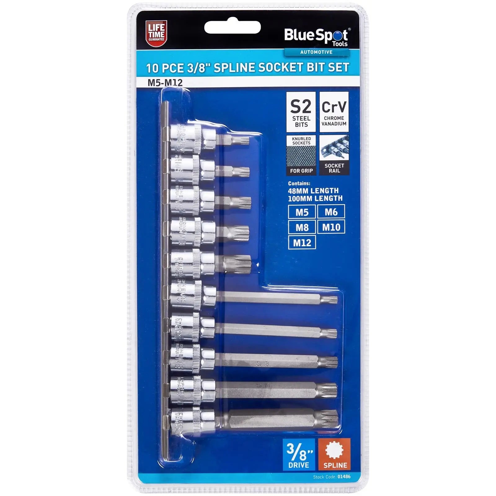 BlueSpot Spline Socket Bit Set 3/8" Drive on Socket Rail M5-M12 10 Piece  White Rose Tools