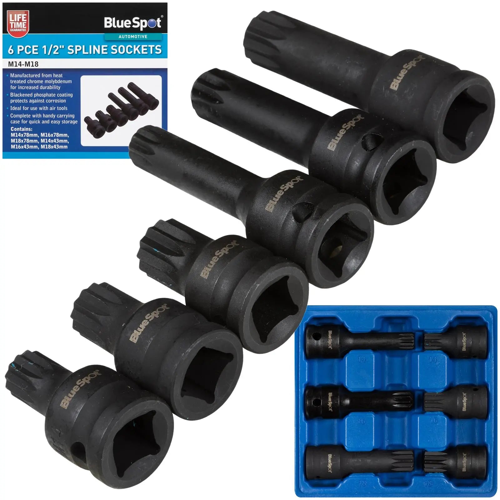 BlueSpot Spline Socket Set 6 Piece 1/2" Drive M14-M18 43mm and 78mm Long 