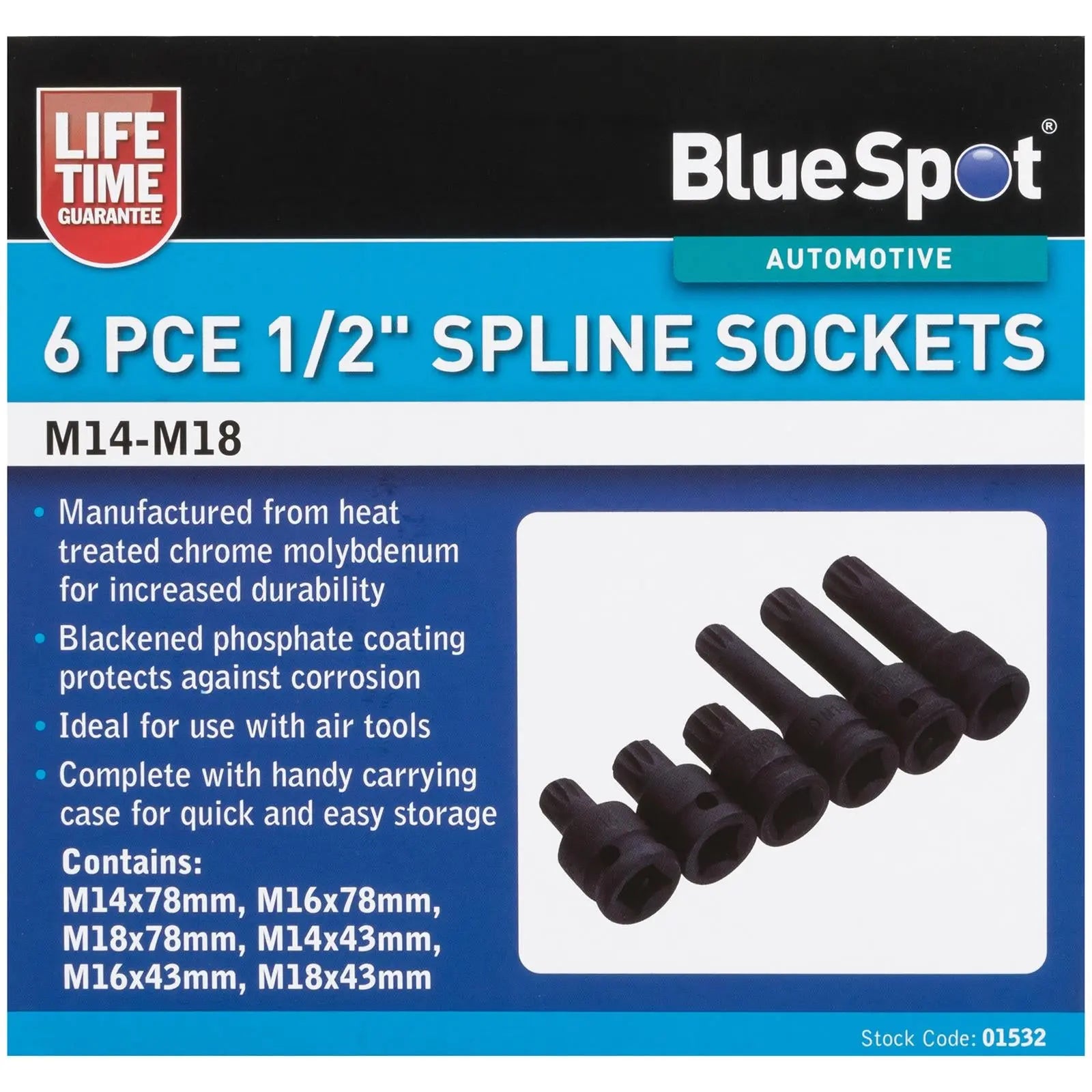 BlueSpot Spline Socket Set 6 Piece 1/2" Drive M14-M18 43mm and 78mm Long 