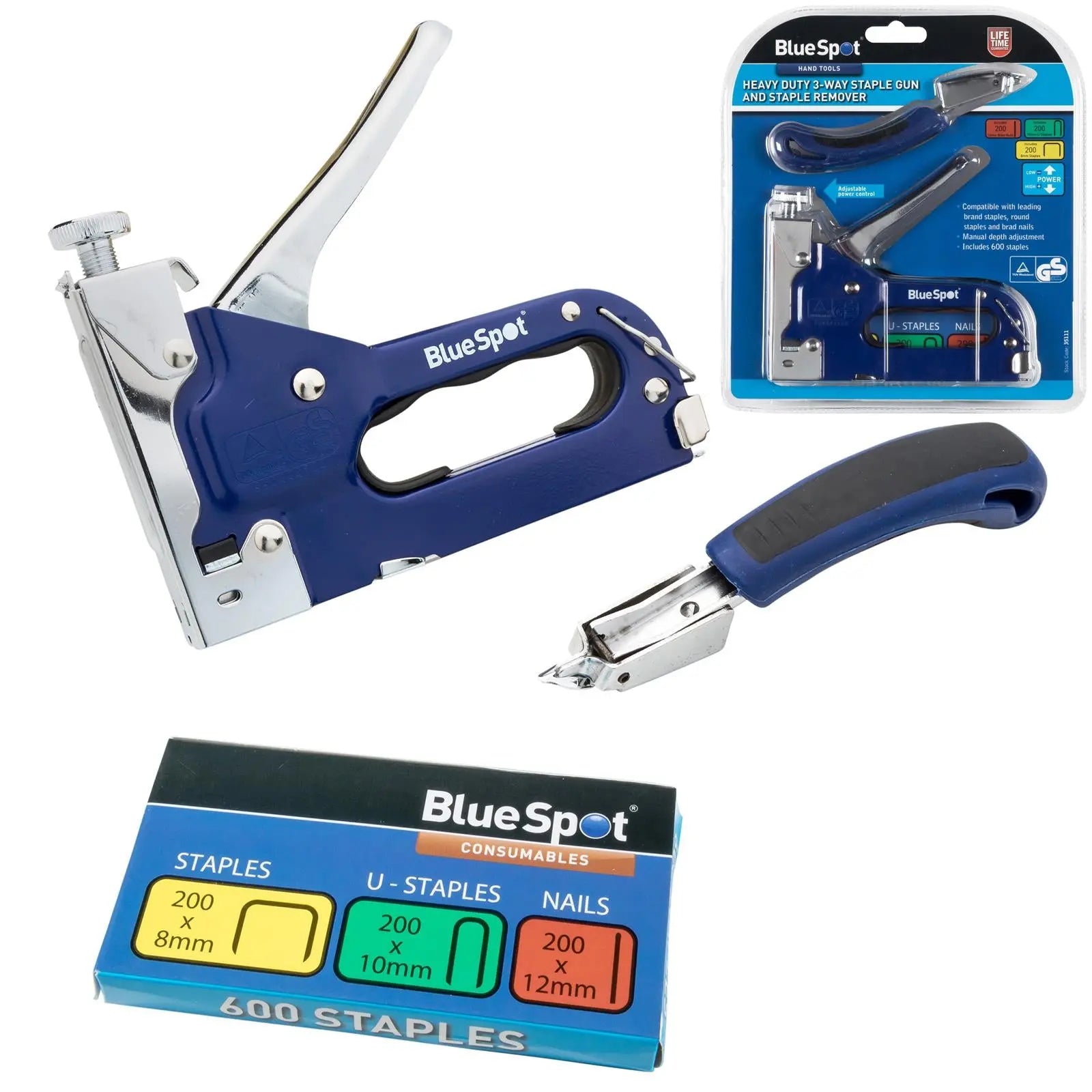 Stapoo Set Up BlueSpot Staple Gun and Staple Remover Set Heavy Duty 3 Way - White