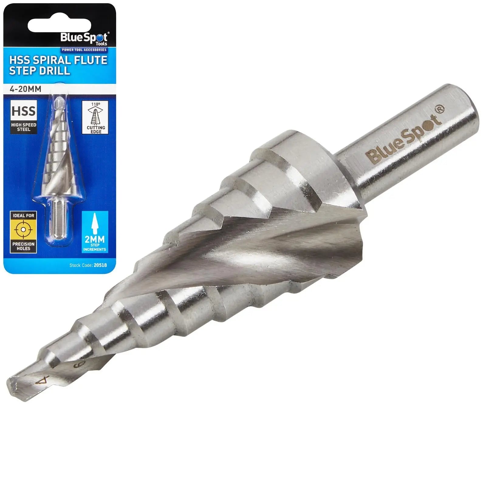 BlueSpot Step Drill HSS Spiral Flute 4-20mm  White Rose Tools