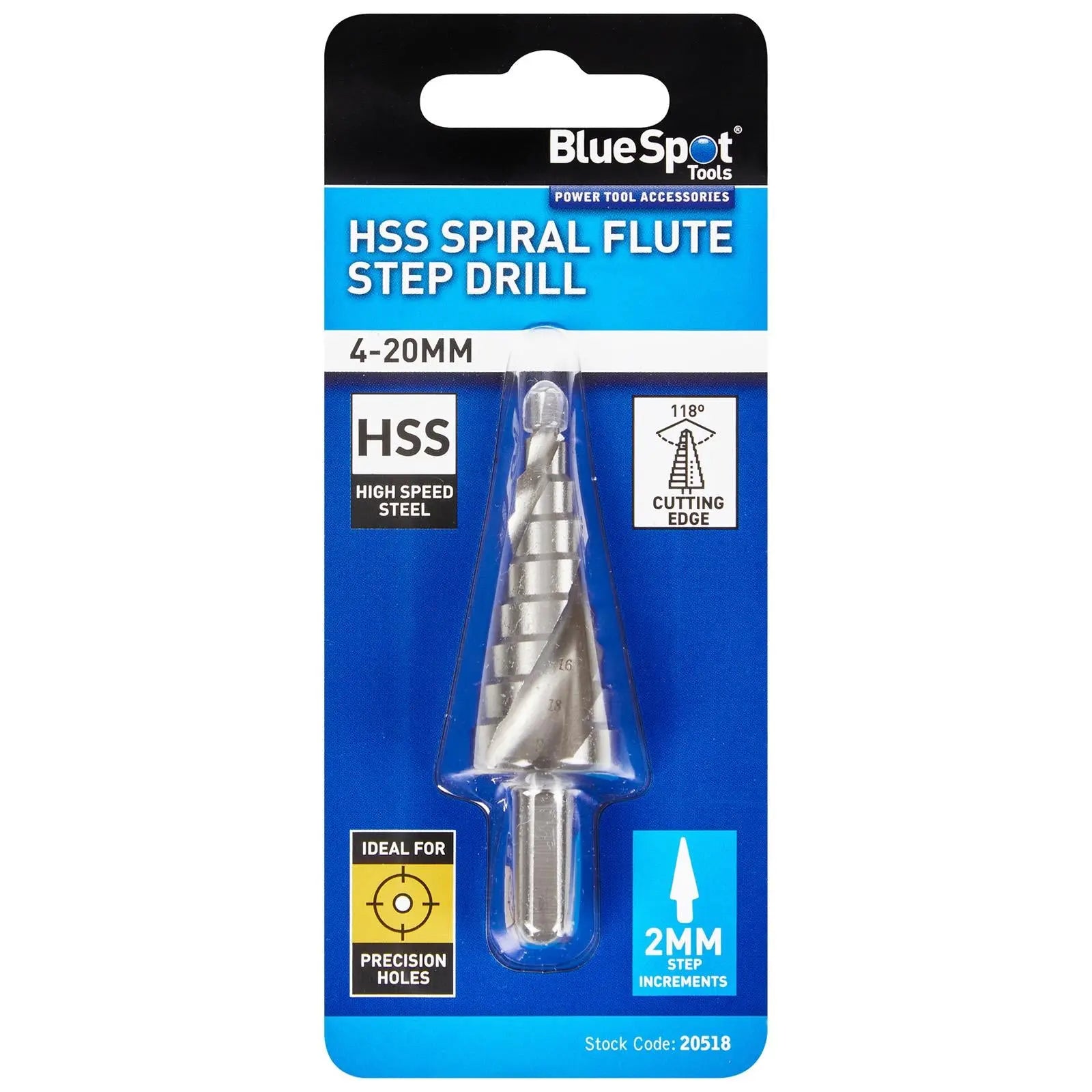 BlueSpot Step Drill HSS Spiral Flute 4-20mm  White Rose Tools