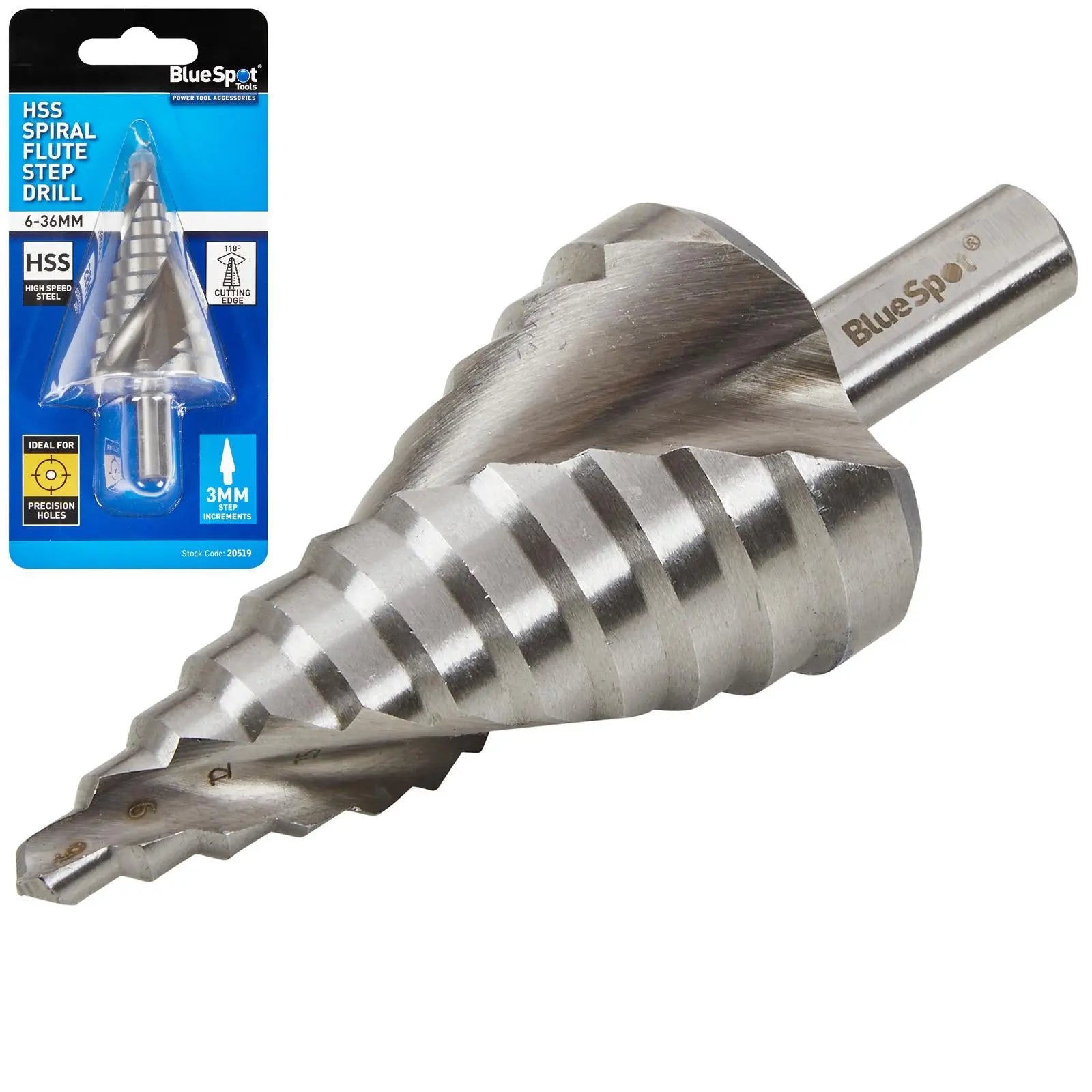 BlueSpot Step Drill HSS Spiral Flute 6-36mm  White Rose Tools