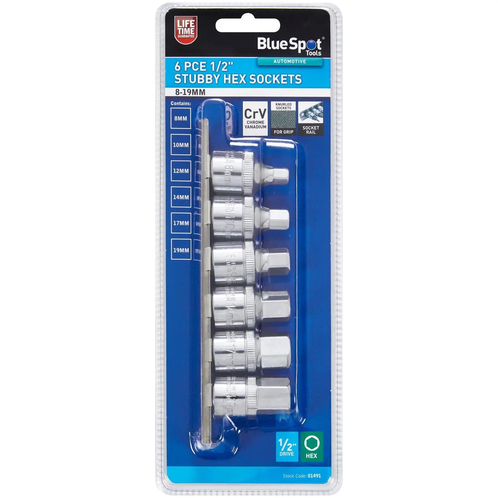 BlueSpot Stubby Hex Socket Set on Socket Rail One Piece 8-19mm 6 Piece  White Rose Tools