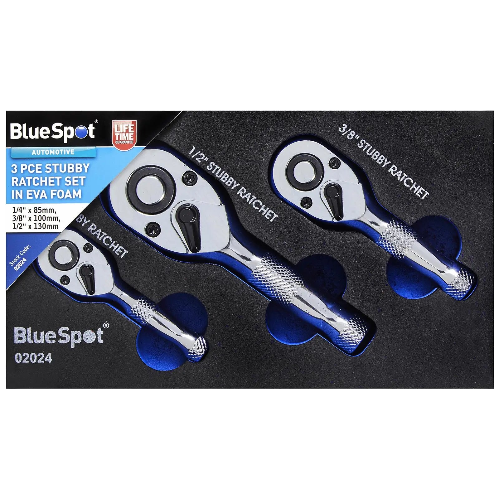 BlueSpot Stubby Ratchet Set In EVA Foam 3 Piece 1/4" 3/8" 1/2" Drive 
