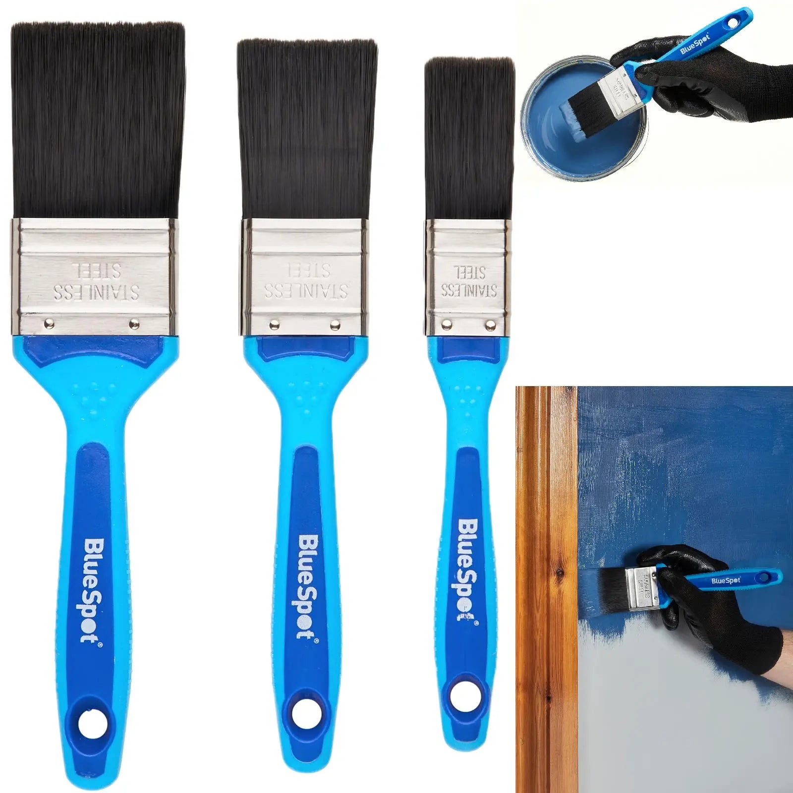 BlueSpot Synthetic Paint Brush Set with Soft Grip Handle 3 Piece 25mm 38mm 50mm 