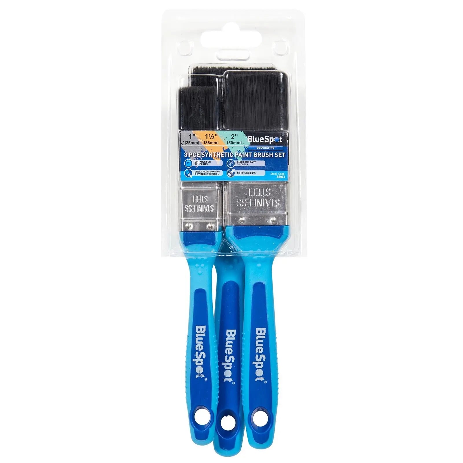 BlueSpot Synthetic Paint Brush Set with Soft Grip Handle 3 Piece 25mm 38mm 50mm 