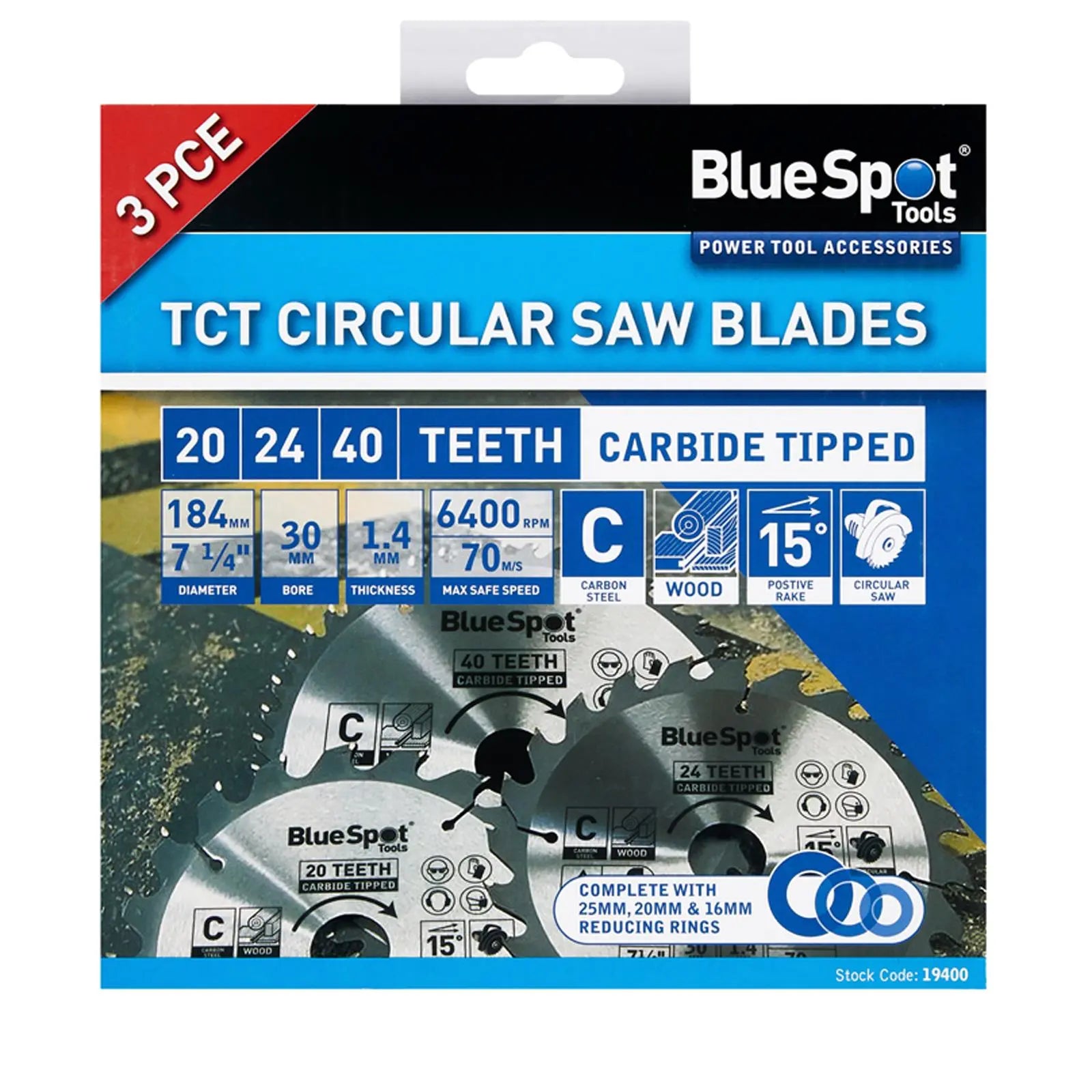 BlueSpot TCT Circular Saw Blades 20 24 40 Teeth 184mm x 30mm 3 Piece  White Rose Tools