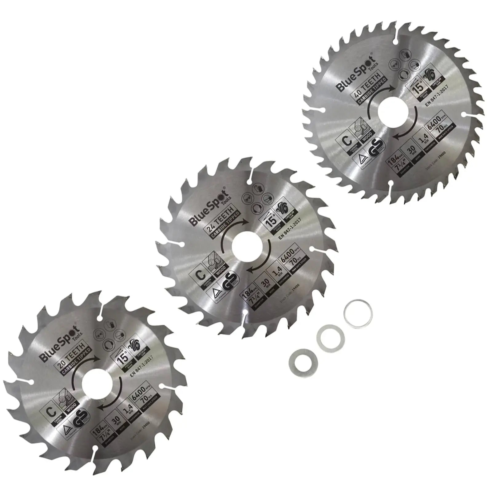 BlueSpot TCT Circular Saw Blades 20 24 40 Teeth 184mm x 30mm 3 Piece  White Rose Tools