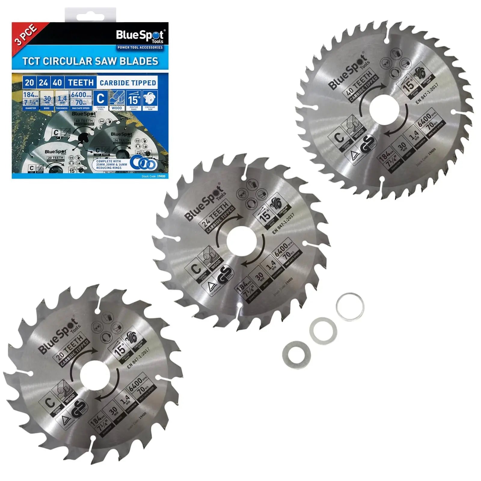 BlueSpot TCT Circular Saw Blades 20 24 40 Teeth 184mm x 30mm 3 Piece  White Rose Tools