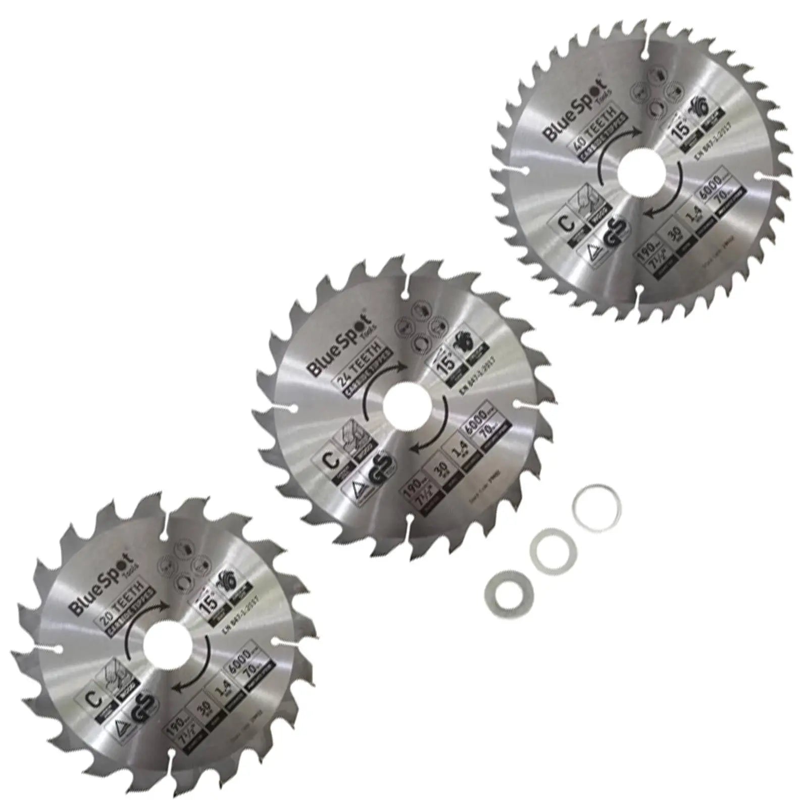 BlueSpot TCT Circular Saw Blades 20 24 40 Teeth 190mm x 30mm 3 Piece  White Rose Tools