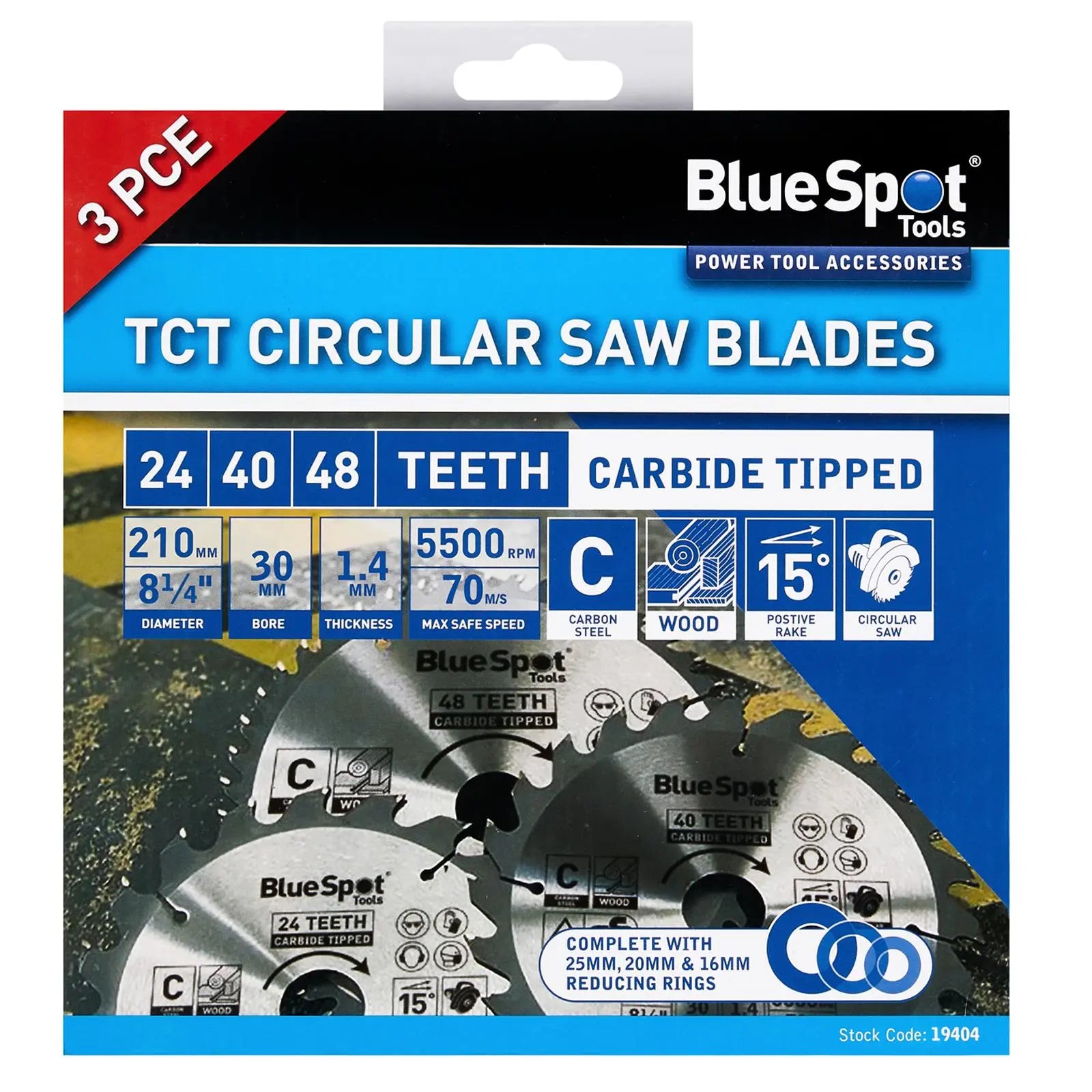 BlueSpot TCT Circular Saw Blades 24 40 48 Teeth 210mm x 30mm 3 Piece  White Rose Tools