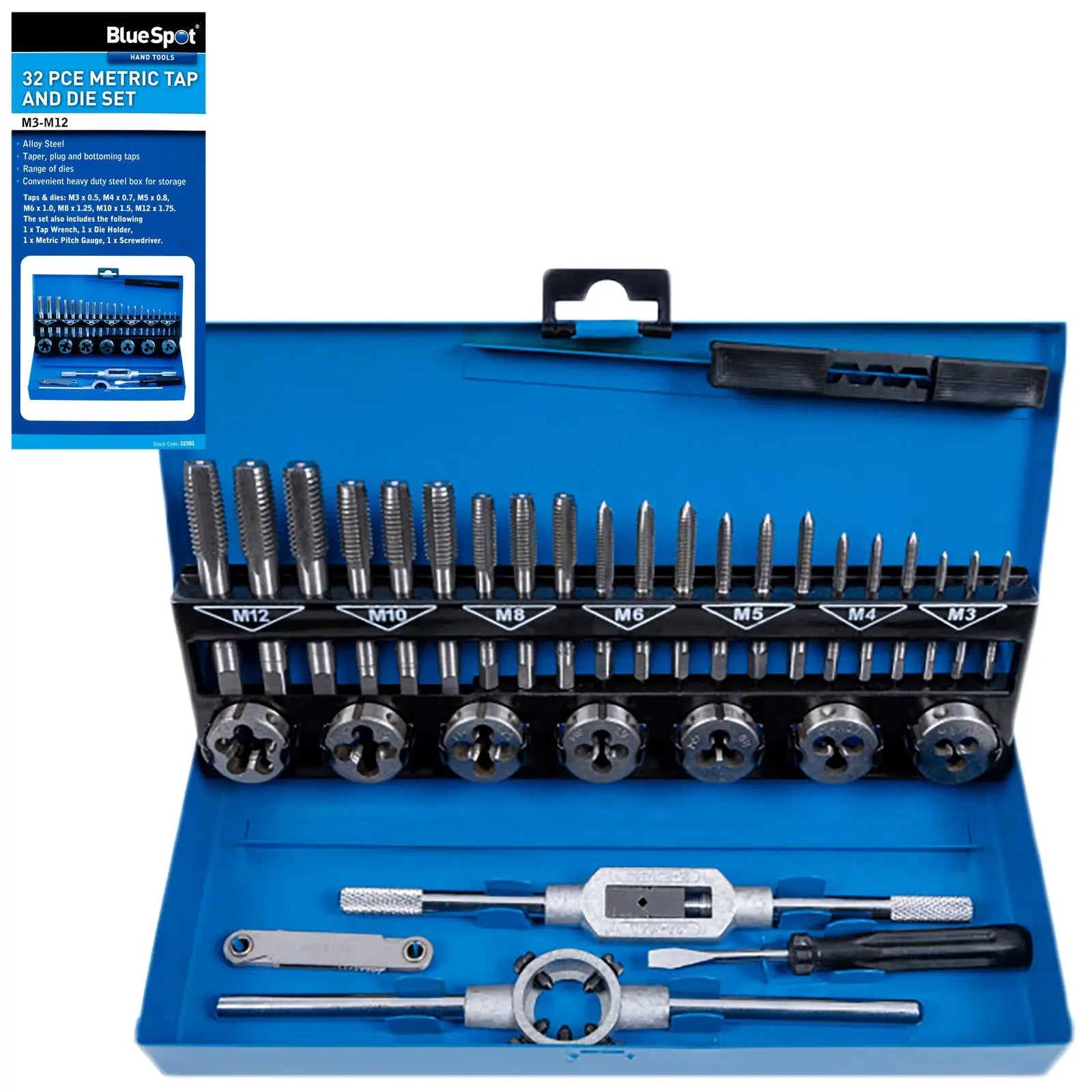 BlueSpot Tap and Die Set Metric 32 Piece M3-M12 Steel Storage Box 