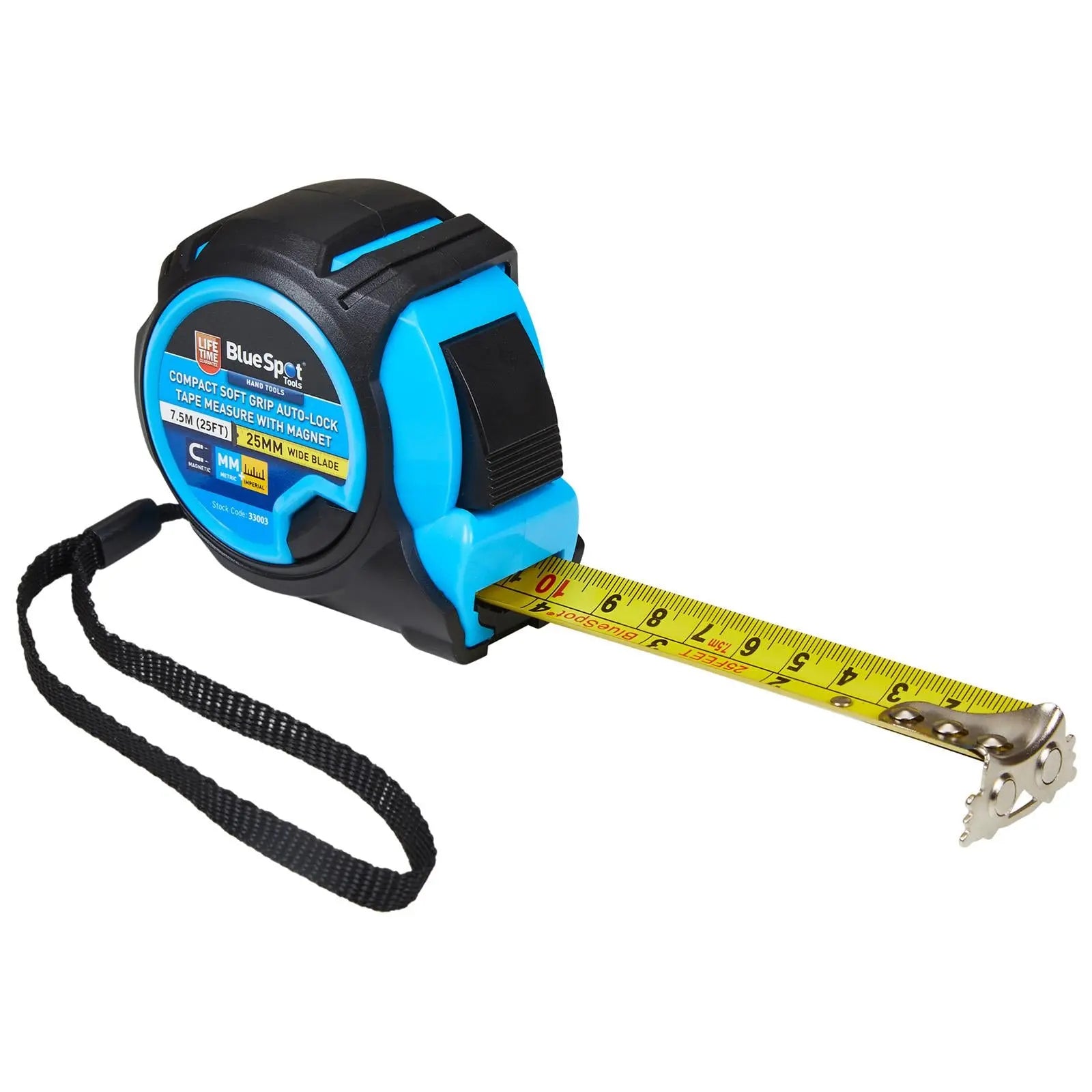 BlueSpot Tape Measure 7.5m 25ft Compact Soft Grip Self Locking with Magnet  White Rose Tools