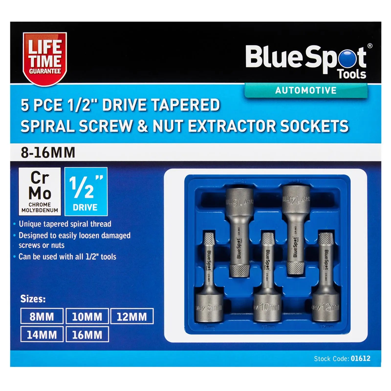 BlueSpot Tapered Spiral Screw And Nut Extractor Socket Set 1/2" 5 Piece  White Rose Tools
