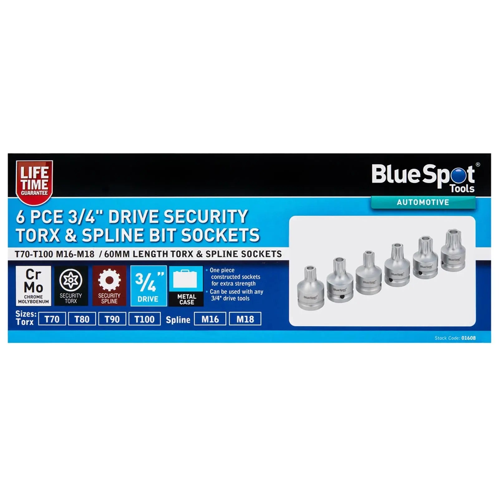 BlueSpot Torx And Spline Bit Socket Set 3/4" Drive T70-T100 M16-M18 6 Piece  White Rose Tools