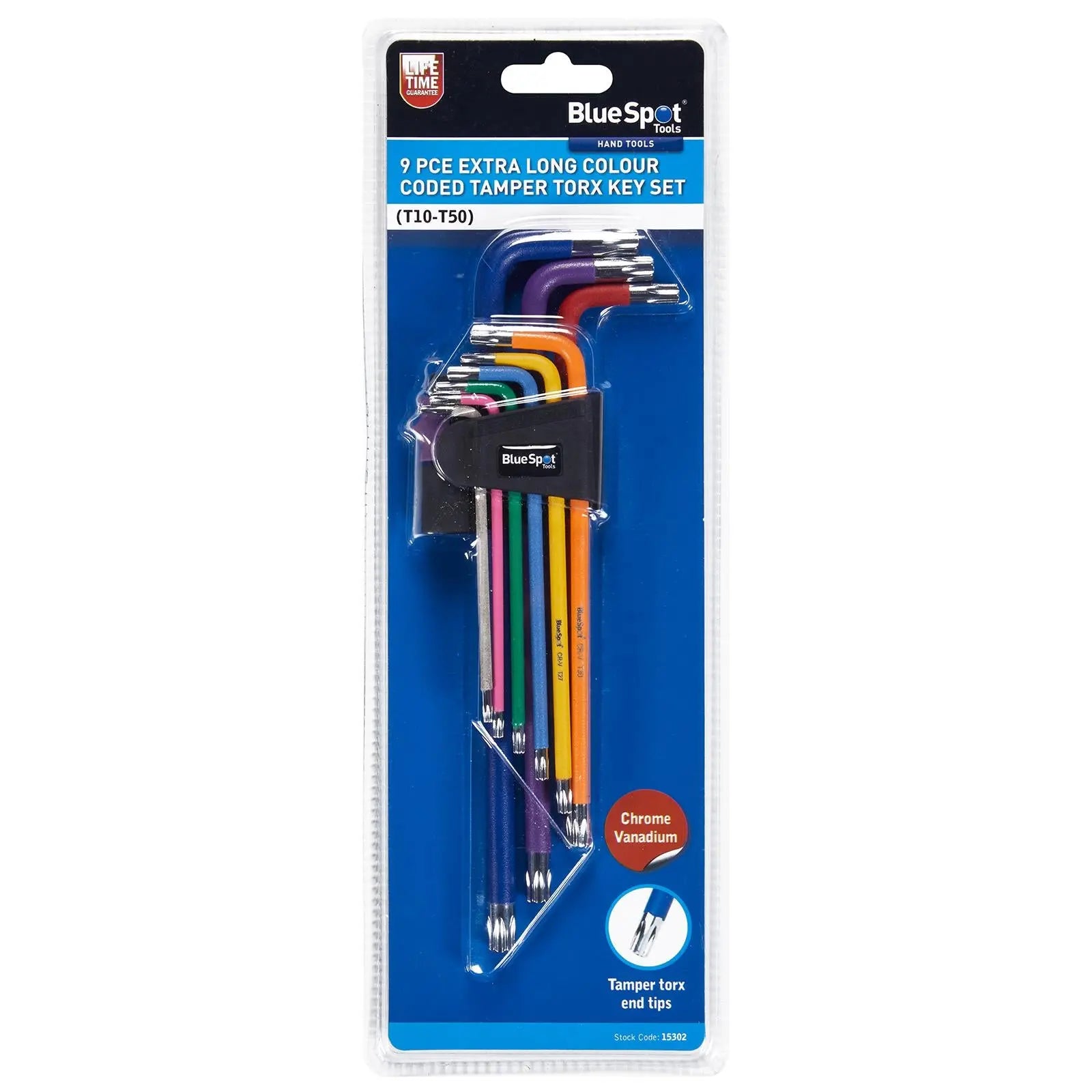 BlueSpot Torx Key Set Extra Long Colour Coded Tamperproof T10-T50 9 Piece 