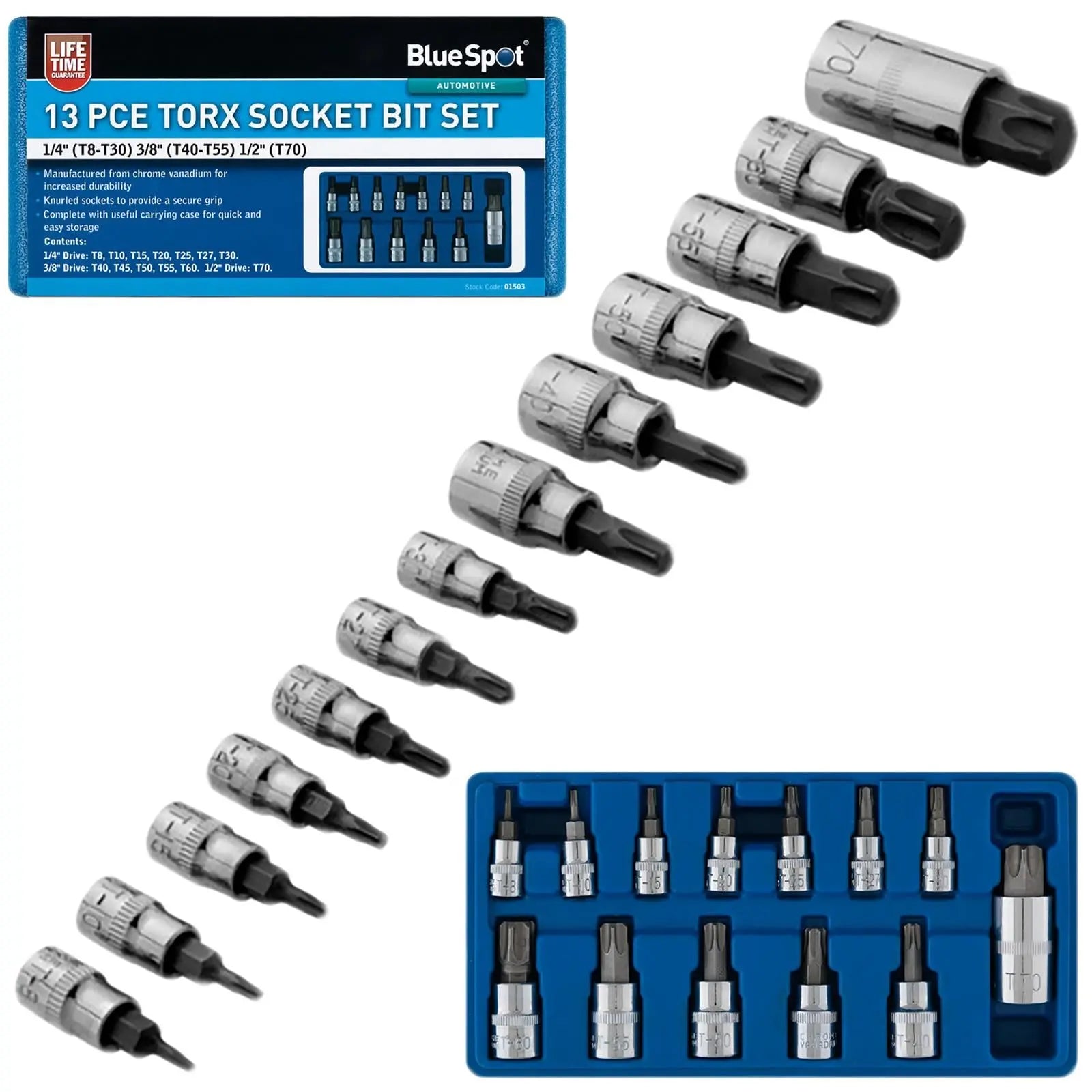 BlueSpot Torx Socket Bit Set 13 Piece in Storage Case T8-T70 