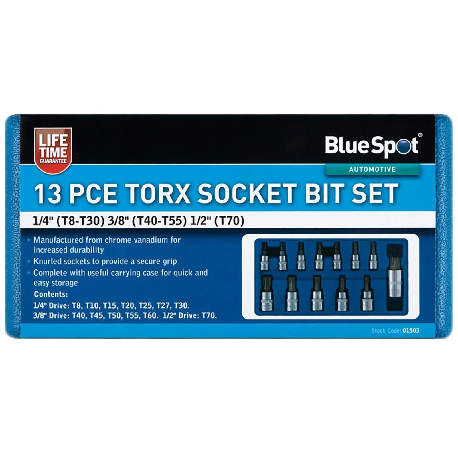 BlueSpot Torx Socket Bit Set 13 Piece in Storage Case T8-T70 