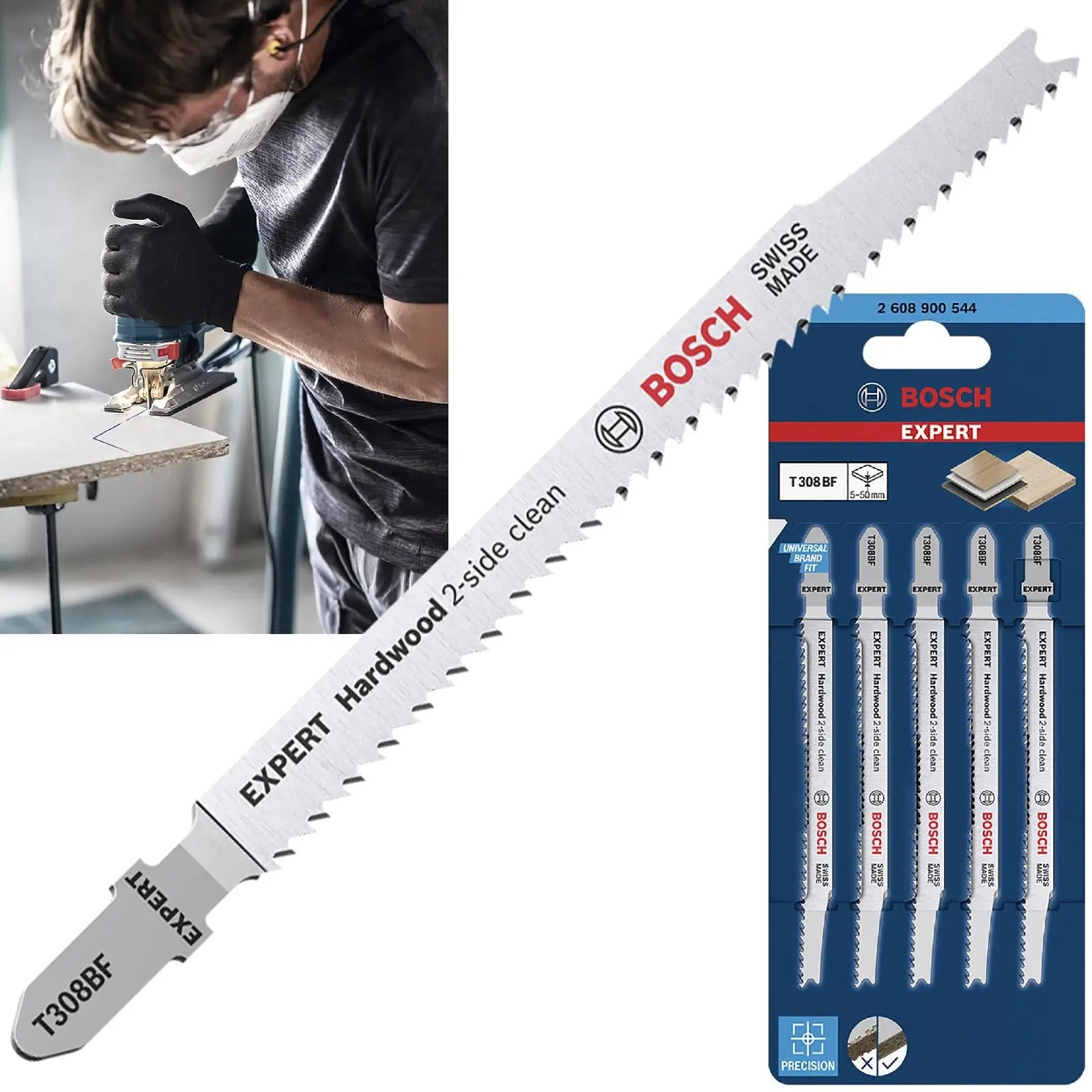 Bosch EXPERT Jigsaw Blades 5 Piece T308BF Hardwood 2 Side Clean 117mm  White Rose Tools