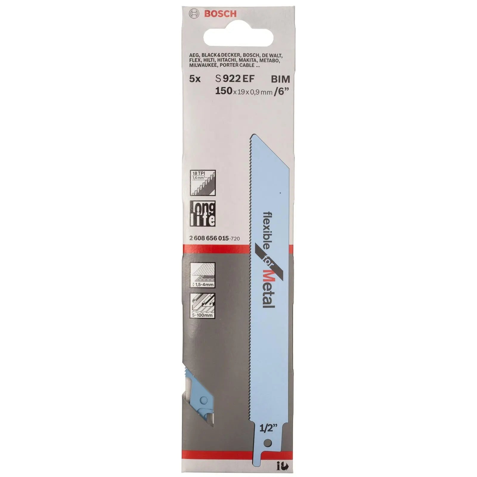 Bosch Reciprocating Saw Blades 150mm 6" 5 Pack S922EF Bi-Metal Recipro Blade for Metal  White Rose Tools