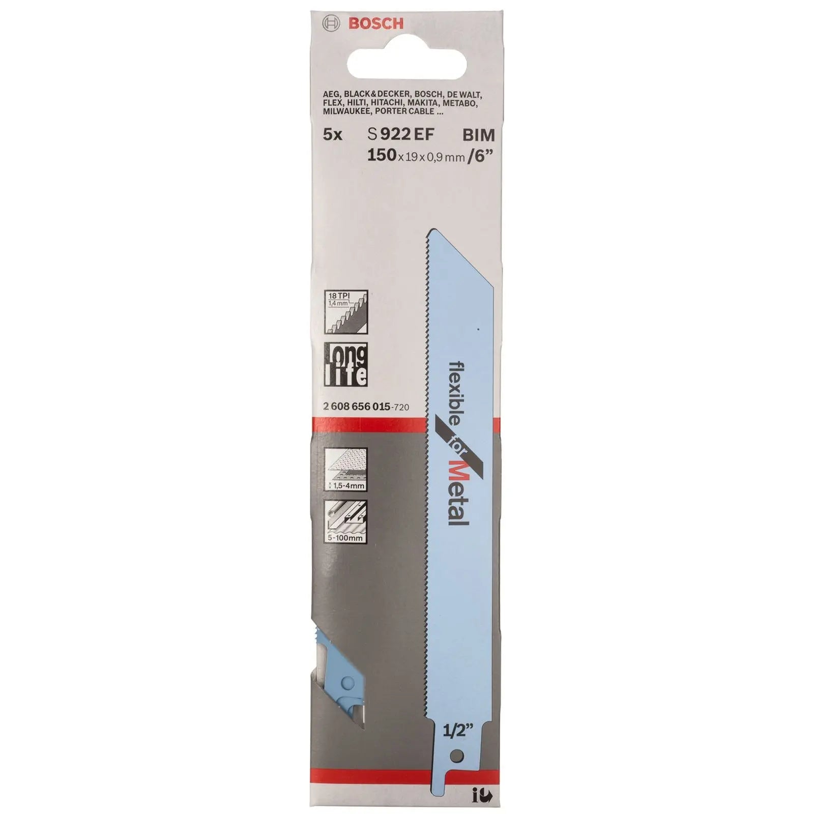 Bosch Reciprocating Saw Blades 150mm 6" 5 Pack S922EF Bi-Metal Recipro Blade for Metal  White Rose Tools